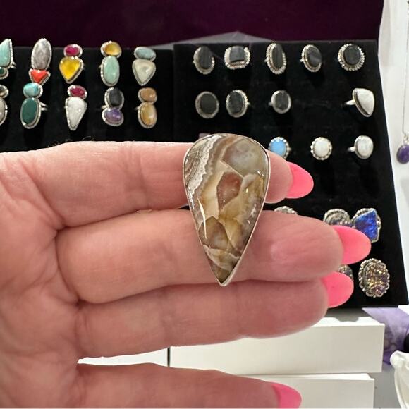 💕 Natural Crazy lace agate gemstone ring. Silver overlay handmade size 5 - Picture 2 of 5